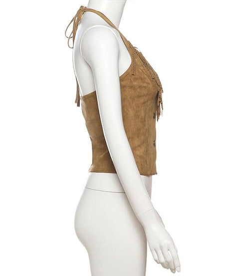 Western Chic Suede-Look Fringe Halter Vest Top - Boho Button Front Fall Fashion
