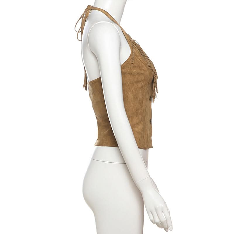Western Chic Suede-Look Fringe Halter Vest Top - Boho Button Front Fall Fashion