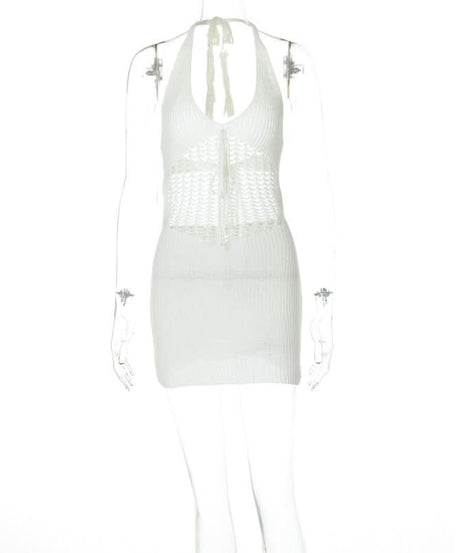 Trendy White Halter Knit Mini Dress - Chic Crochet Detail Resort & Vacation Essential