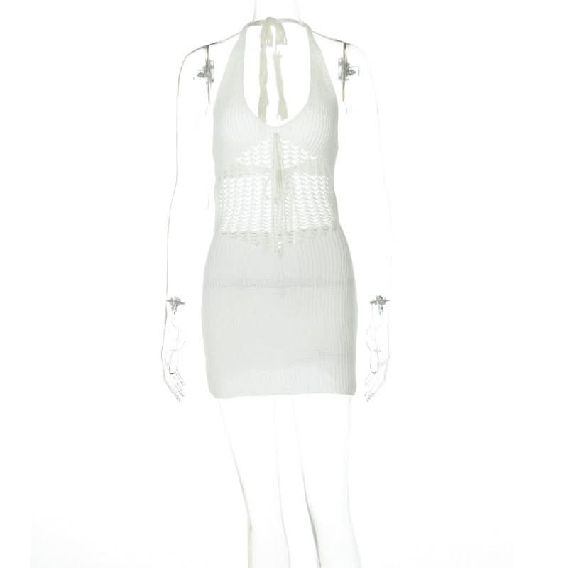 Trendy White Halter Knit Mini Dress - Chic Crochet Detail Resort & Vacation Essential