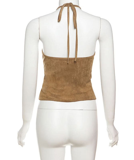 Western Chic Suede-Look Fringe Halter Vest Top - Boho Button Front Fall Fashion