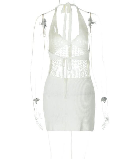 Trendy White Halter Knit Mini Dress - Chic Crochet Detail Resort & Vacation Essential