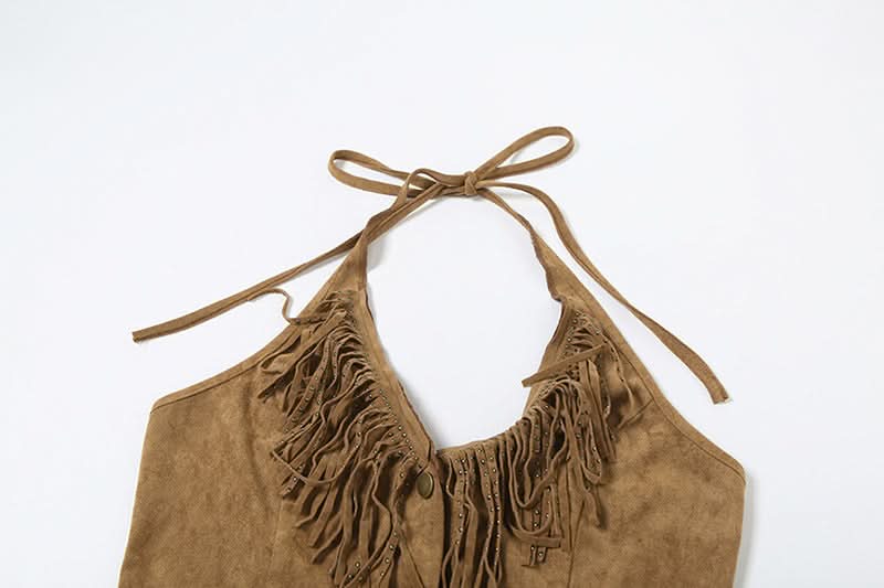 Western Chic Suede-Look Fringe Halter Vest Top - Boho Button Front Fall Fashion