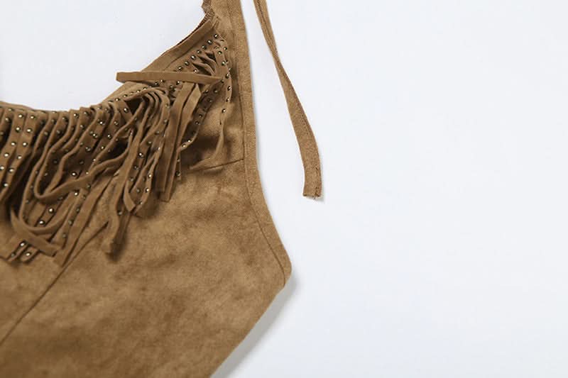 Western Chic Suede-Look Fringe Halter Vest Top - Boho Button Front Fall Fashion