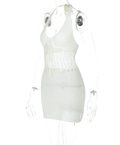 Trendy White Halter Knit Mini Dress - Chic Crochet Detail Resort & Vacation Essential