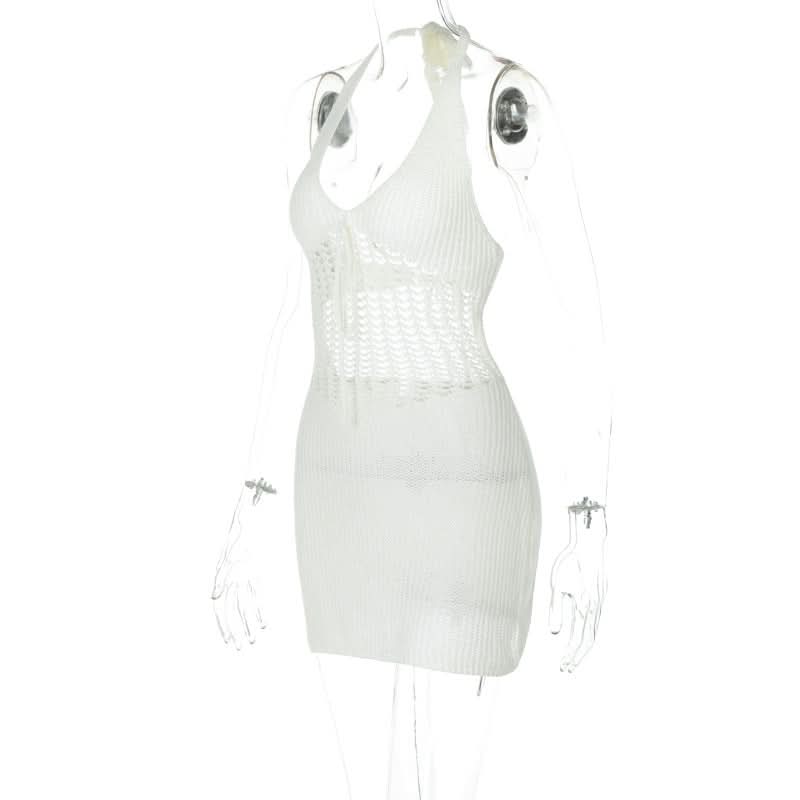 Trendy White Halter Knit Mini Dress - Chic Crochet Detail Resort & Vacation Essential