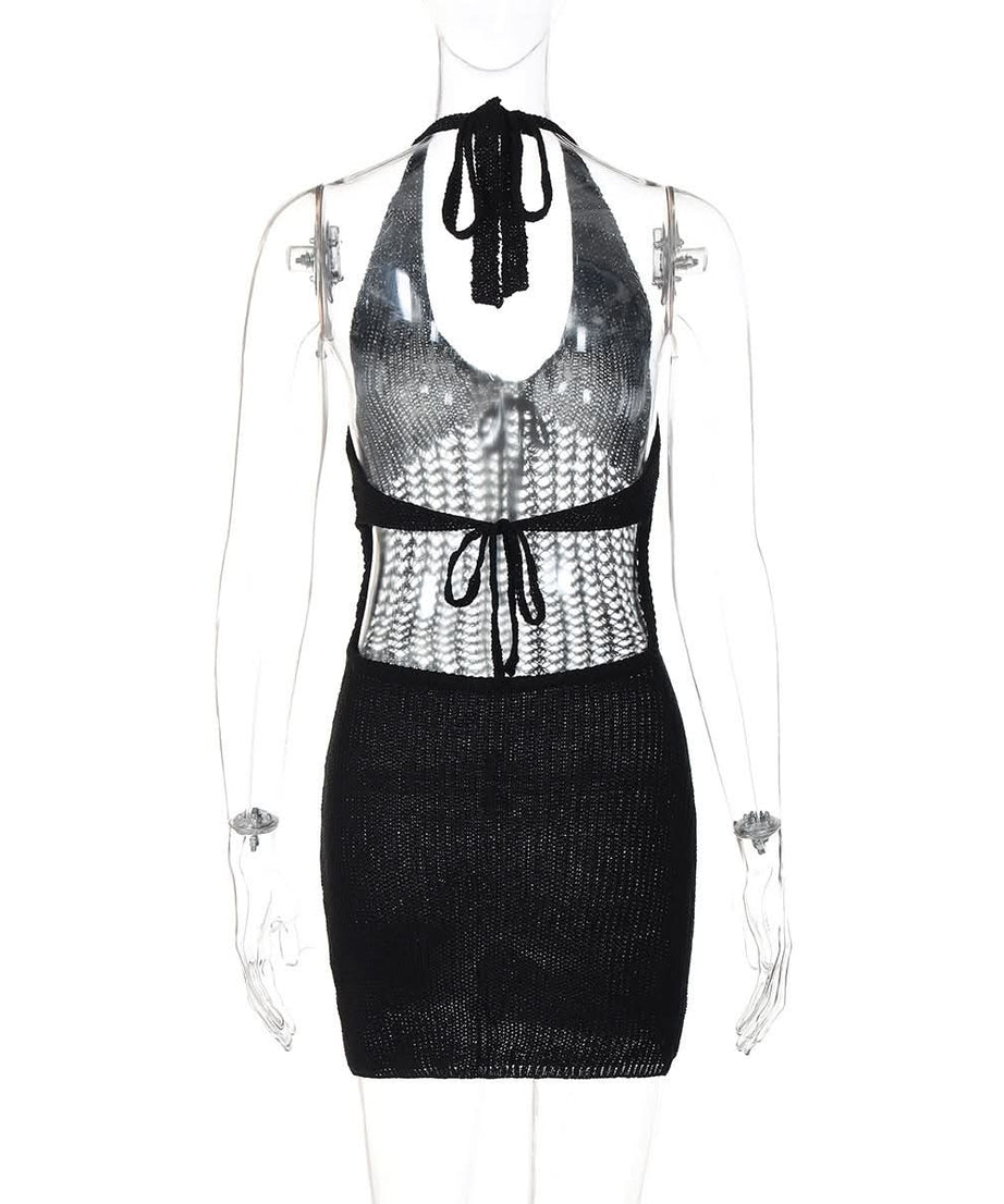Trendy White Halter Knit Mini Dress - Chic Crochet Detail Resort & Vacation Essential