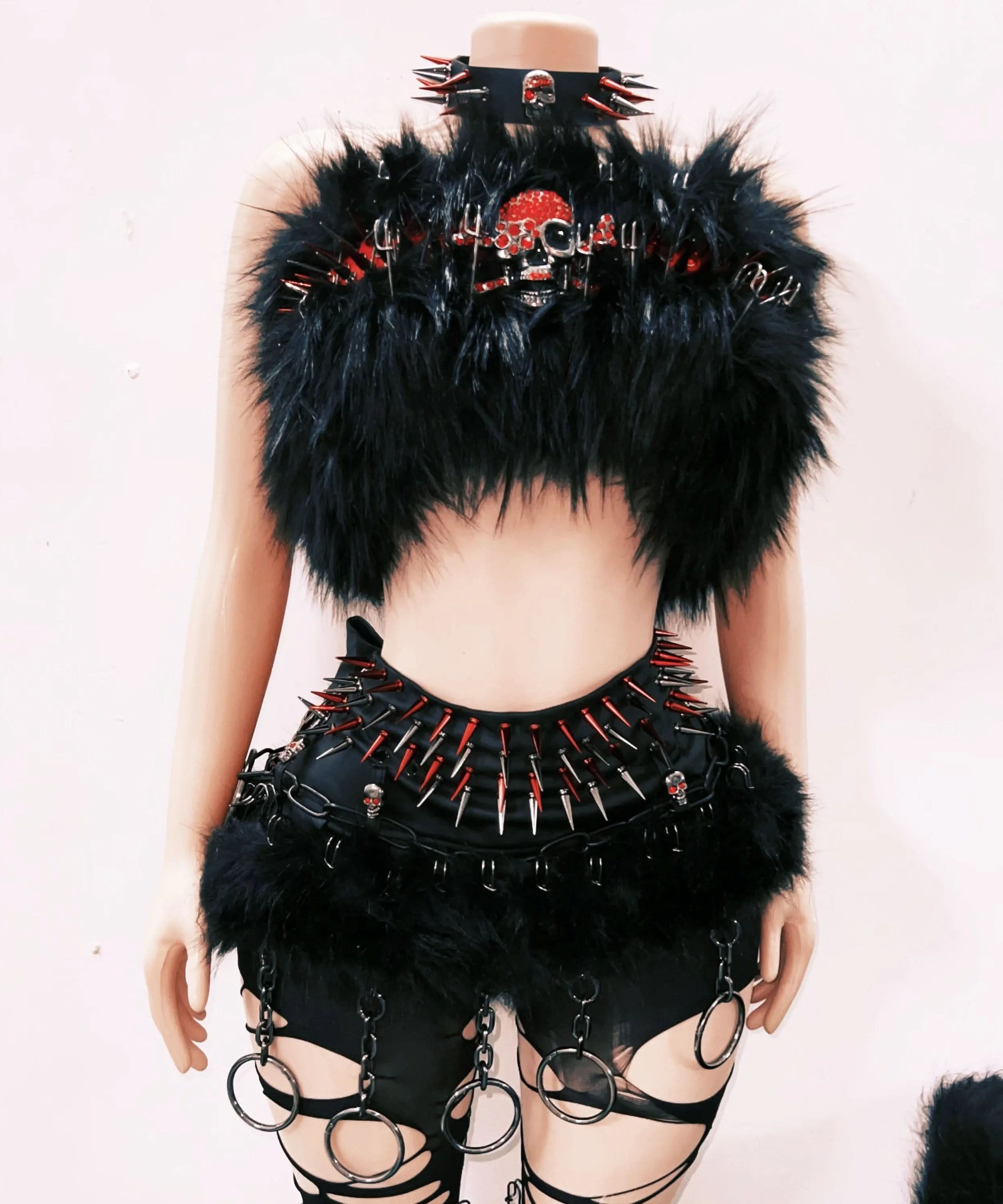 Gothic Empress Spiked Skull Faux Fur Halloween & Rave Outfit Set