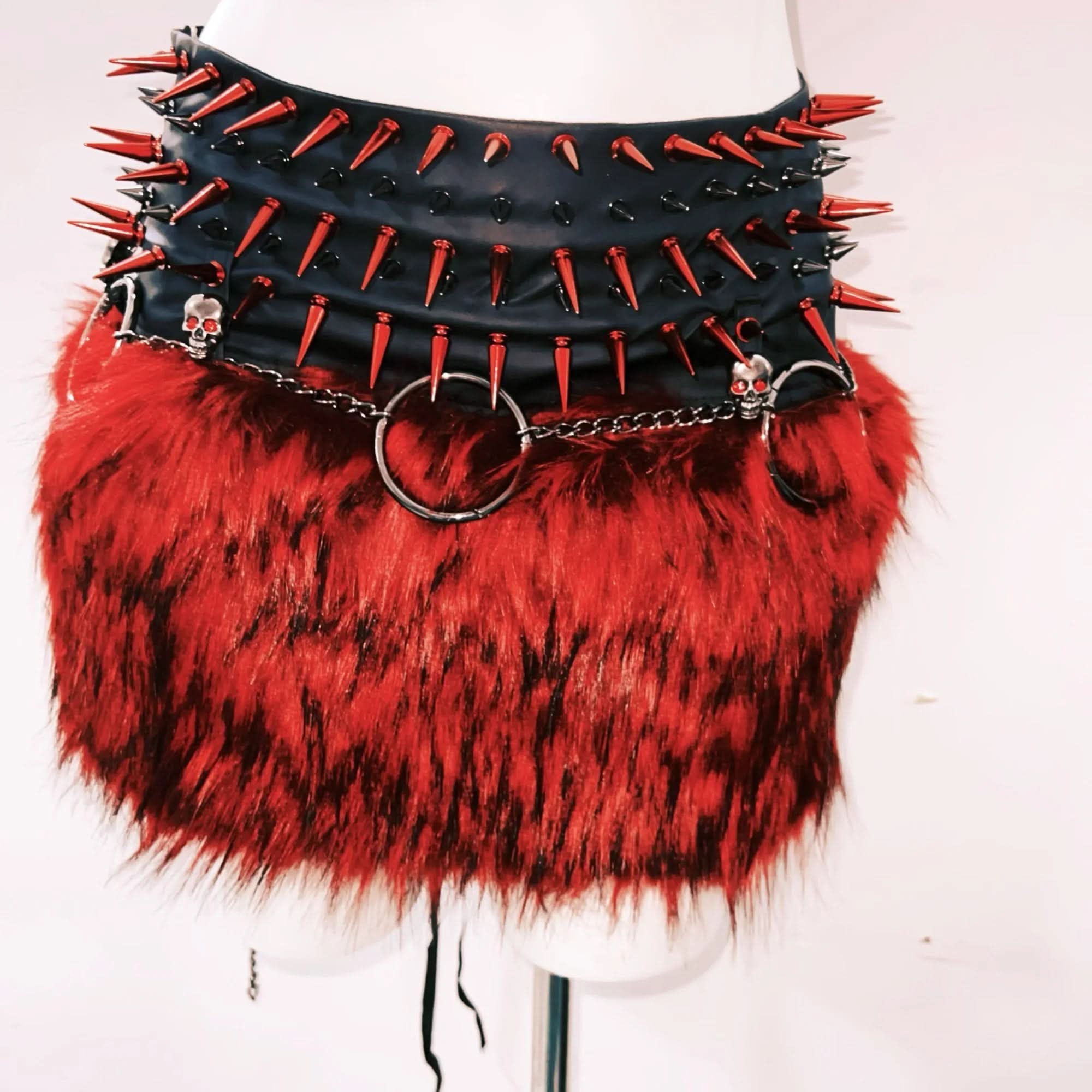 Spiked Halter Corset Top & Faux Fur Mini Skirt Set - Ultimate Halloween & Festival Rave Outfit