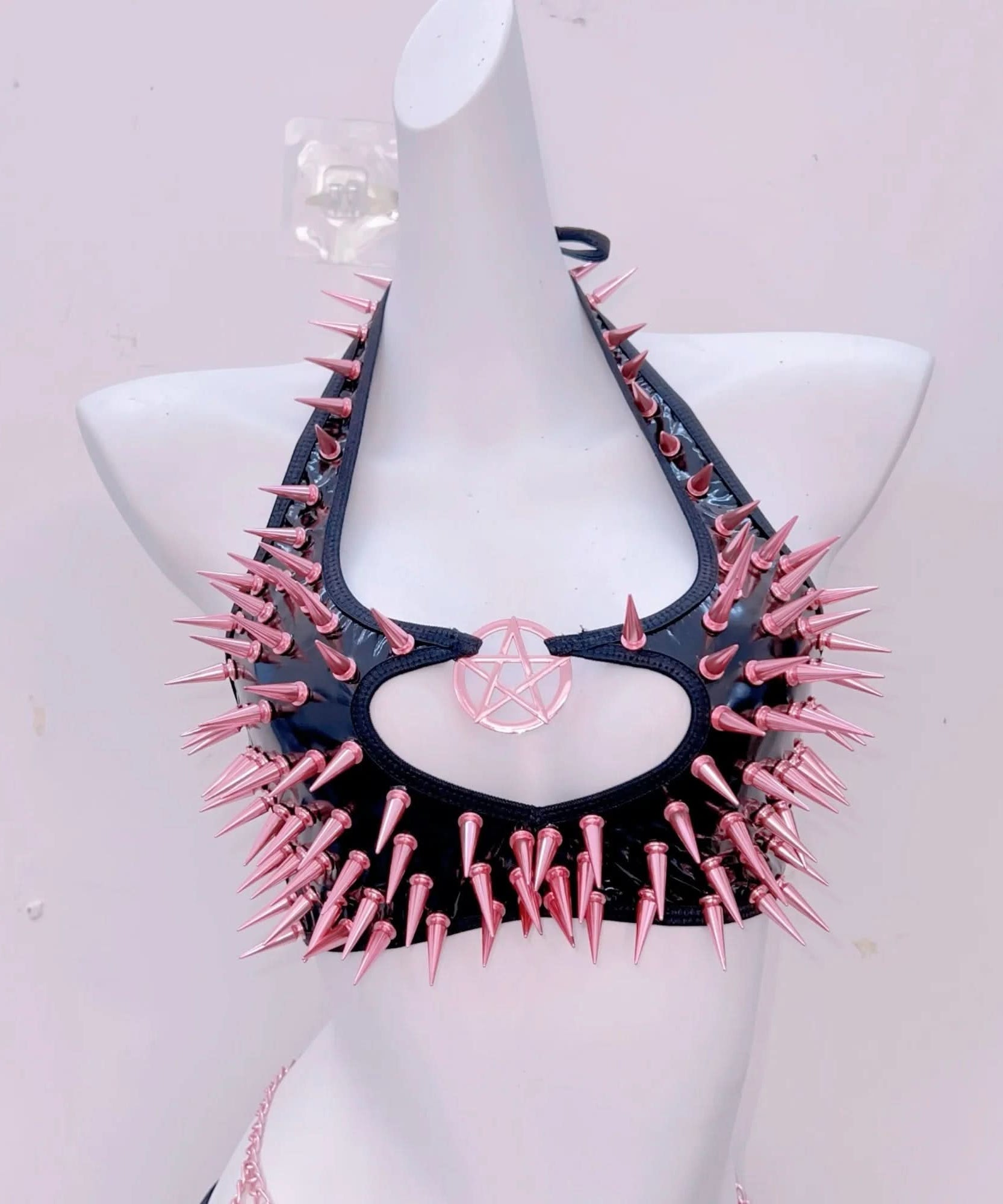 Pink & Black Spiked Pentagram Halter Top & Mini Skirt Set - Ultimate Alt Halloween Rave Party Outfit