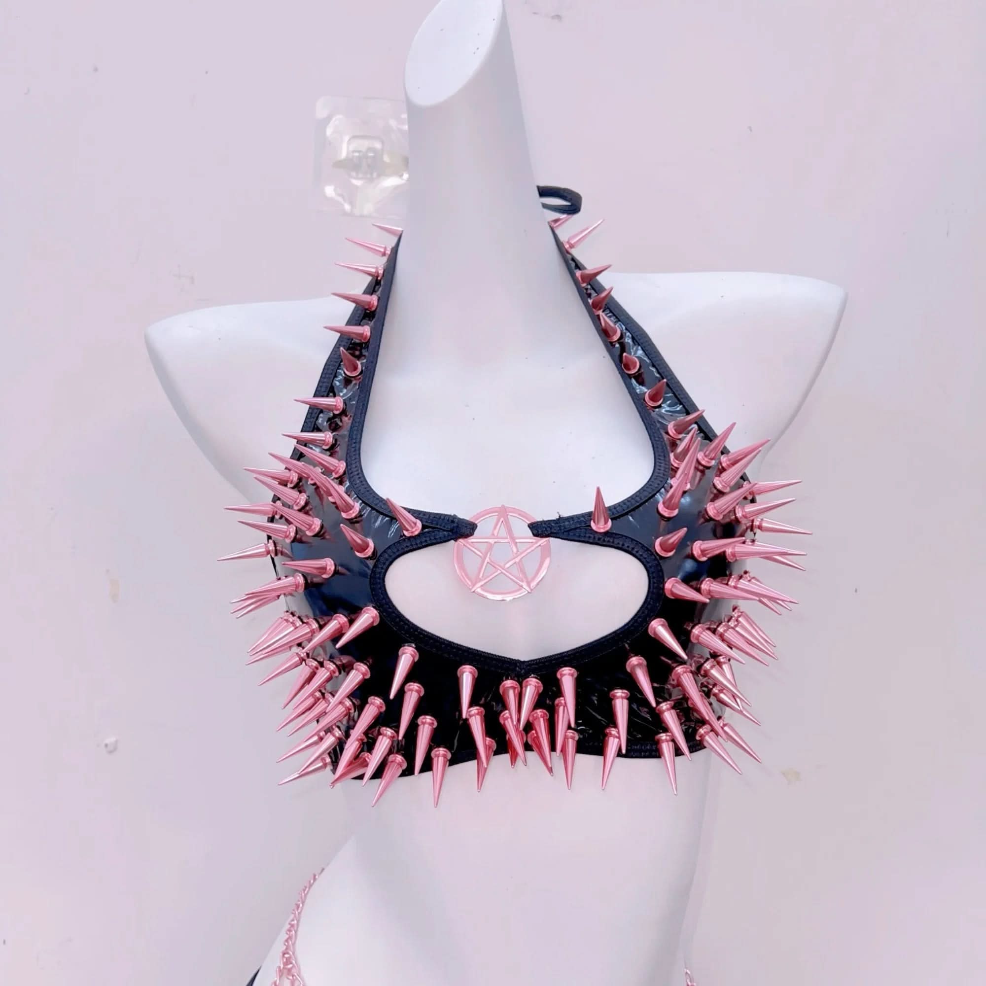 Pink & Black Spiked Pentagram Halter Top & Mini Skirt Set - Ultimate Alt Halloween Rave Party Outfit