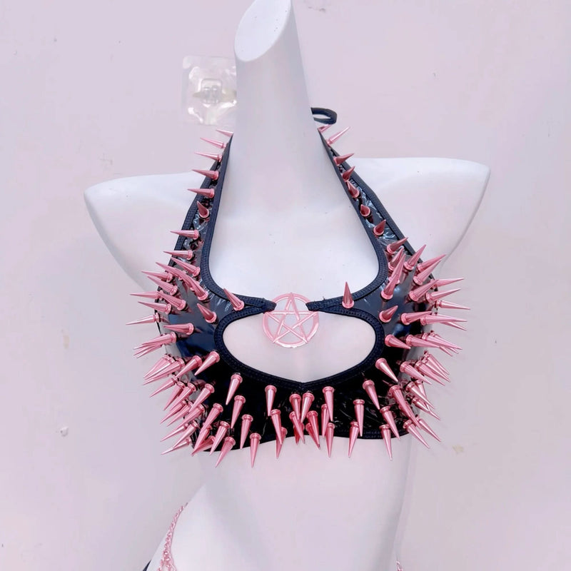 Pink & Black Spiked Pentagram Halter Top & Mini Skirt Set - Ultimate Alt Halloween Rave Party Outfit