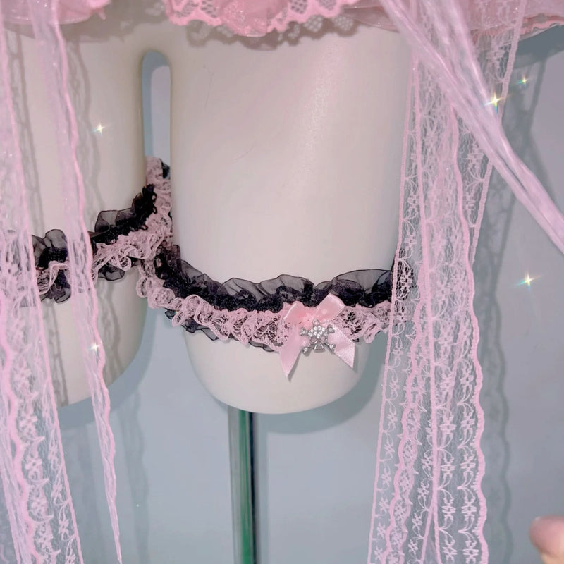 Enchanting Pink & Black Coquette Babydoll Lingerie Set - Lace Ruffle Chemise for Romantic Fall & Halloween Fun