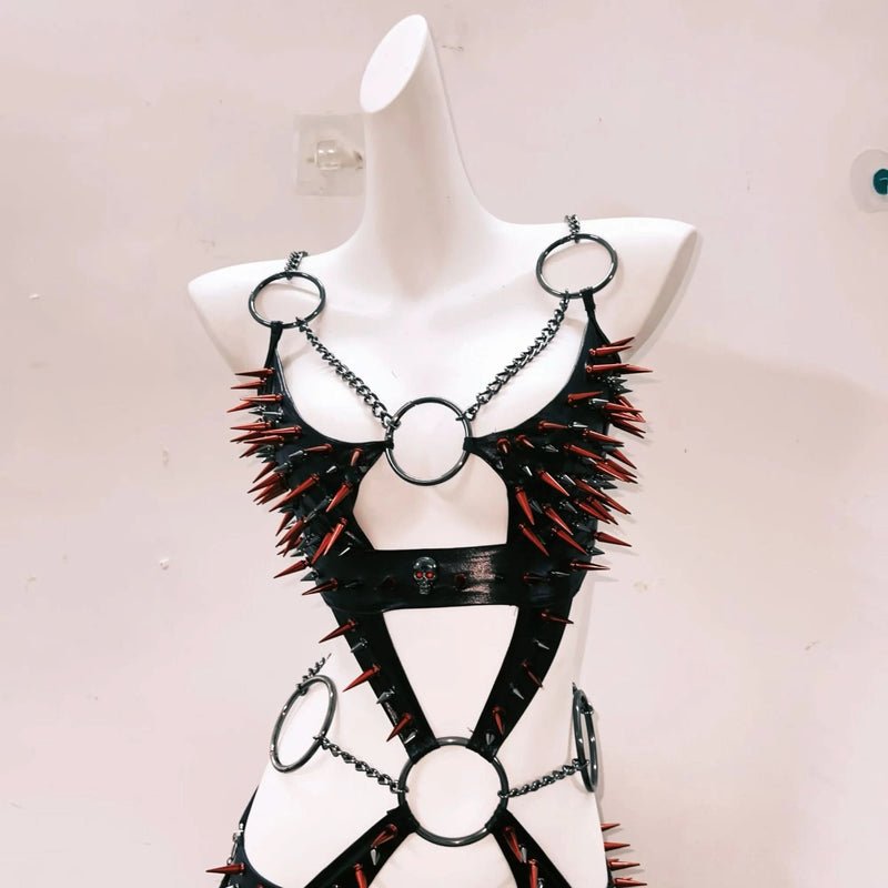 Fierce Spiked & Faux Fur Harness Mini Skirt Set - Ultimate Halloween & Club Night Look