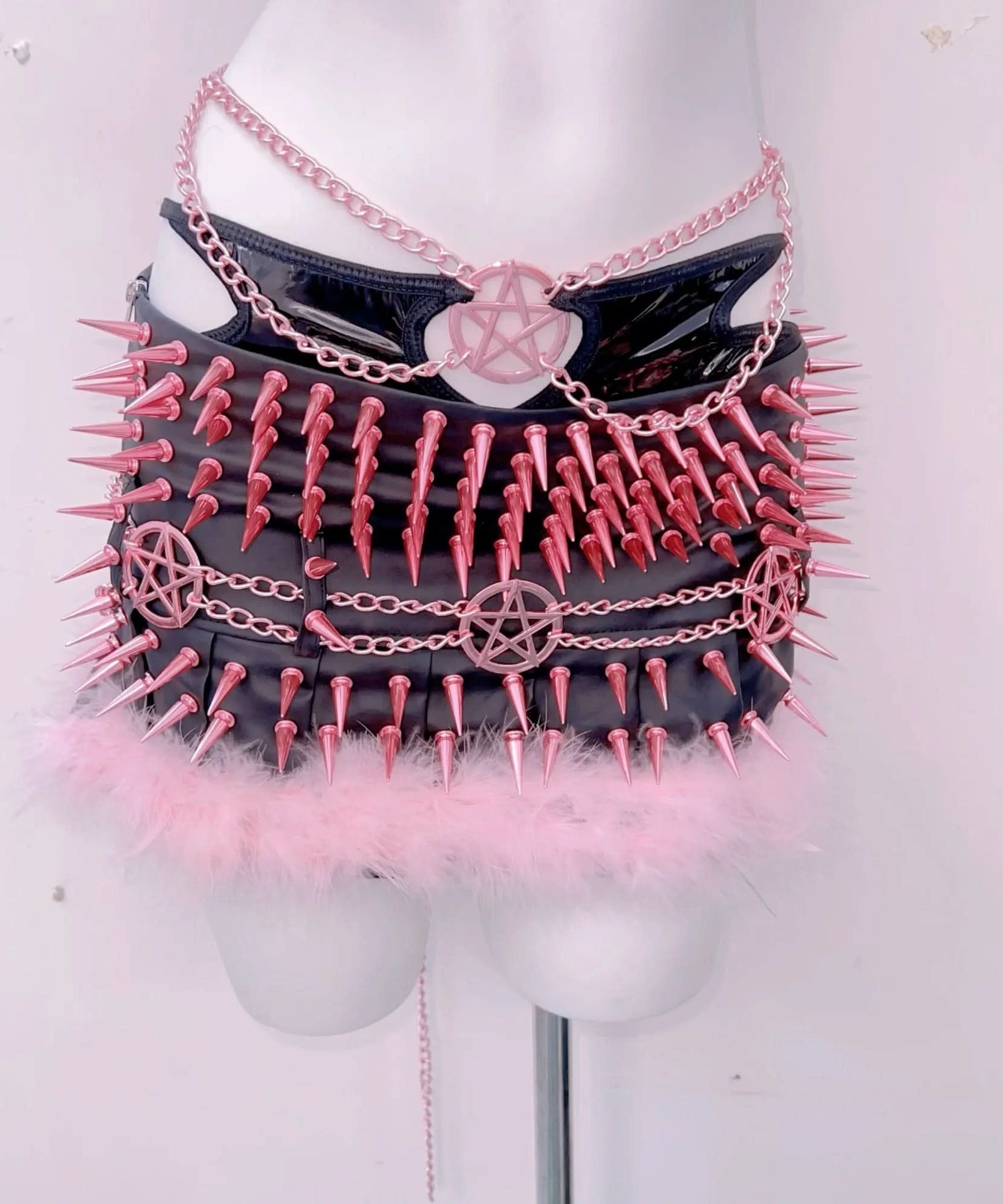 Pink & Black Spiked Pentagram Halter Top & Mini Skirt Set - Ultimate Alt Halloween Rave Party Outfit