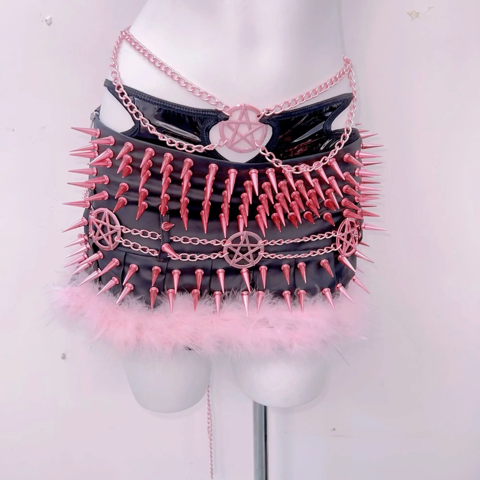Pink & Black Spiked Pentagram Halter Top & Mini Skirt Set - Ultimate Alt Halloween Rave Party Outfit