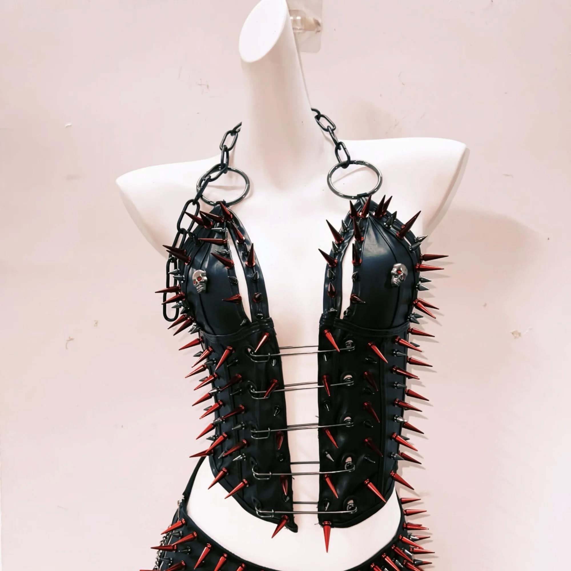 Spiked Halter Corset Top & Faux Fur Mini Skirt Set - Ultimate Halloween & Festival Rave Outfit