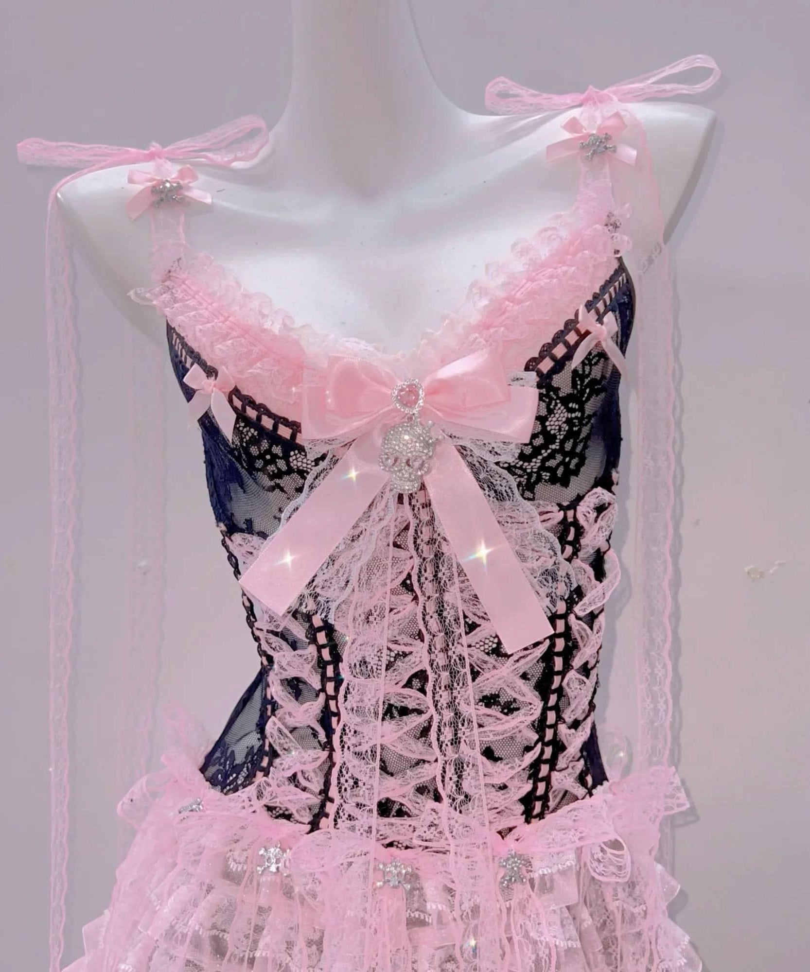 Enchanting Pink & Black Coquette Babydoll Lingerie Set - Lace Ruffle Chemise for Romantic Fall & Halloween Fun
