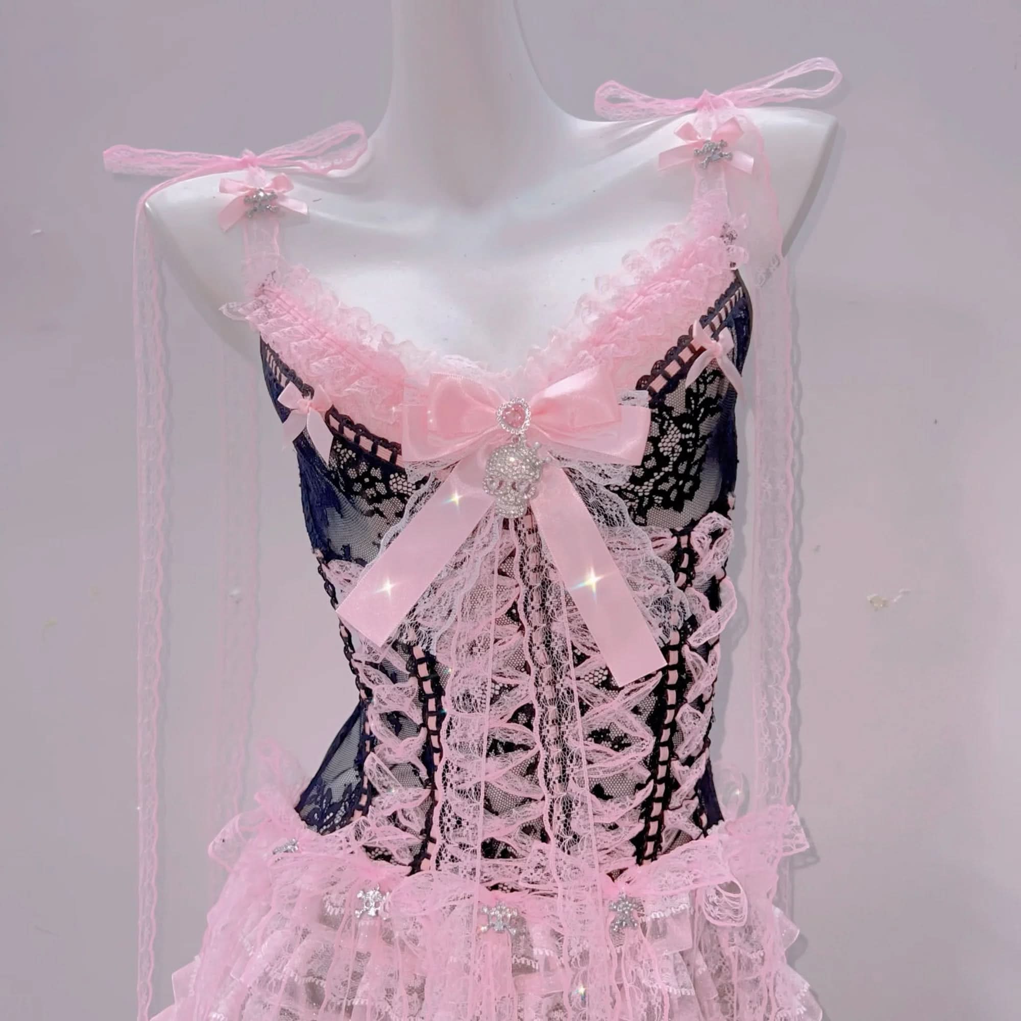 Enchanting Pink & Black Coquette Babydoll Lingerie Set - Lace Ruffle Chemise for Romantic Fall & Halloween Fun
