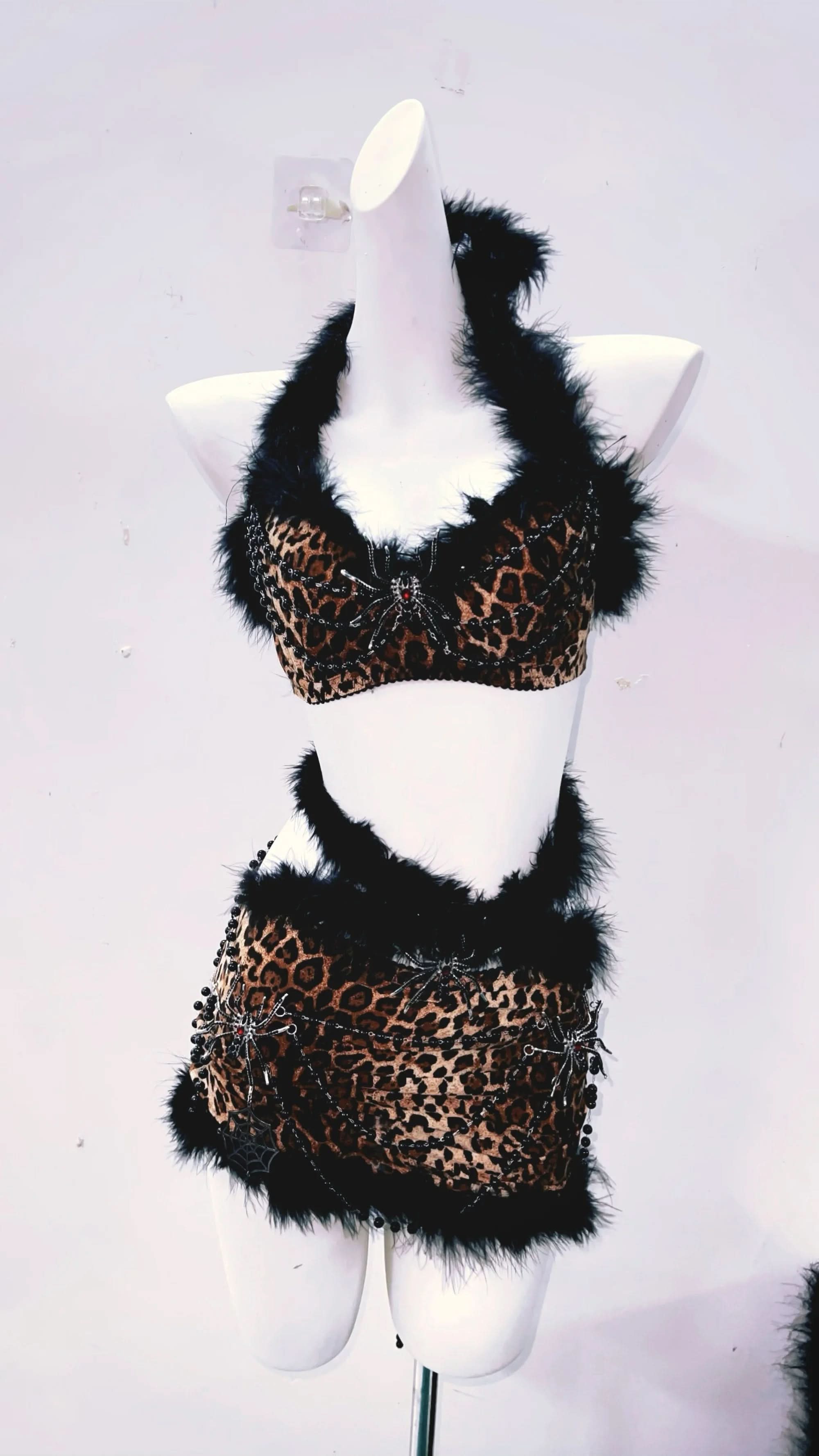 Fierce Leopard Spider Fluffy Halter Mini Skirt Set - Spooky Chic Halloween & Party Ready