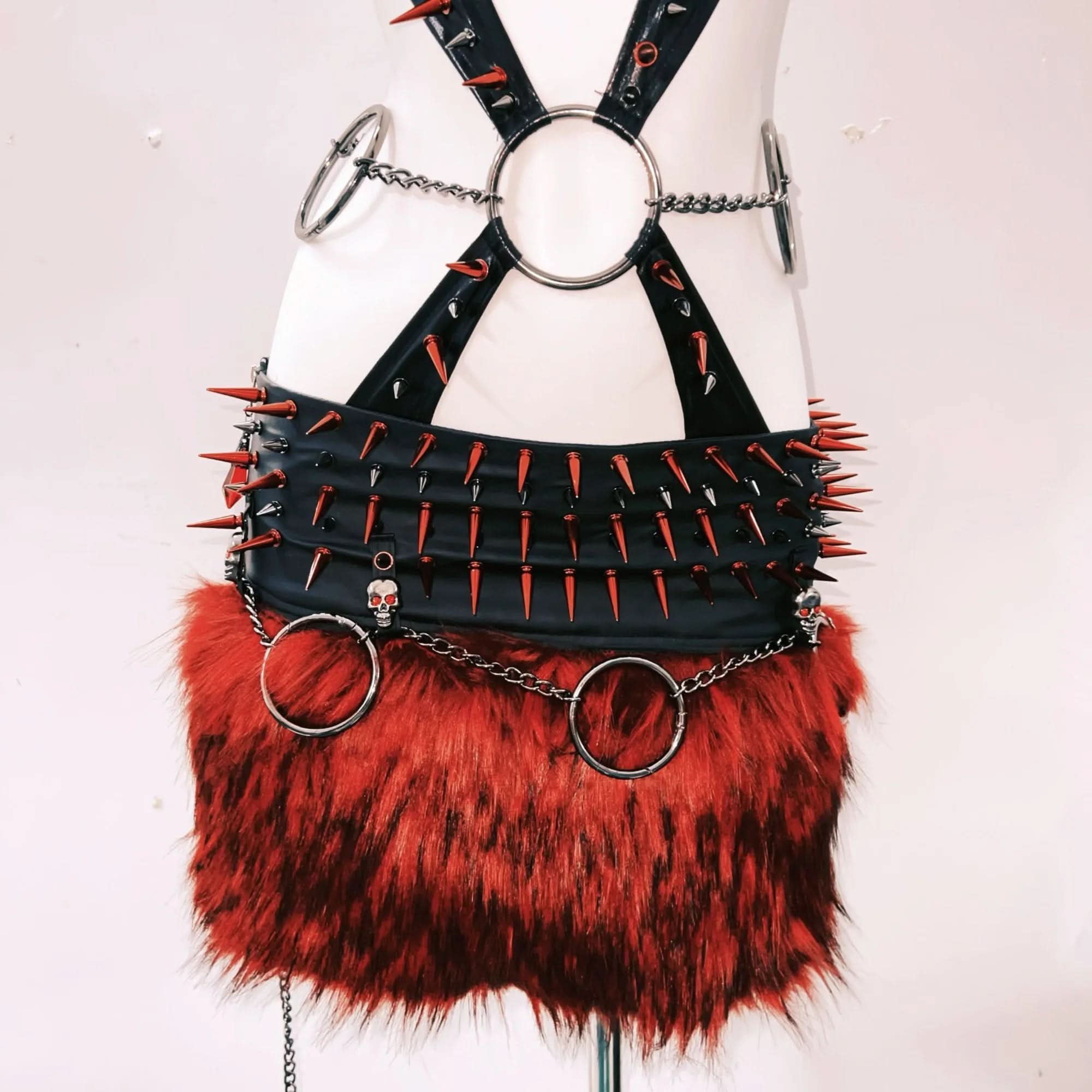 Fierce Spiked & Faux Fur Harness Mini Skirt Set - Ultimate Halloween & Club Night Look