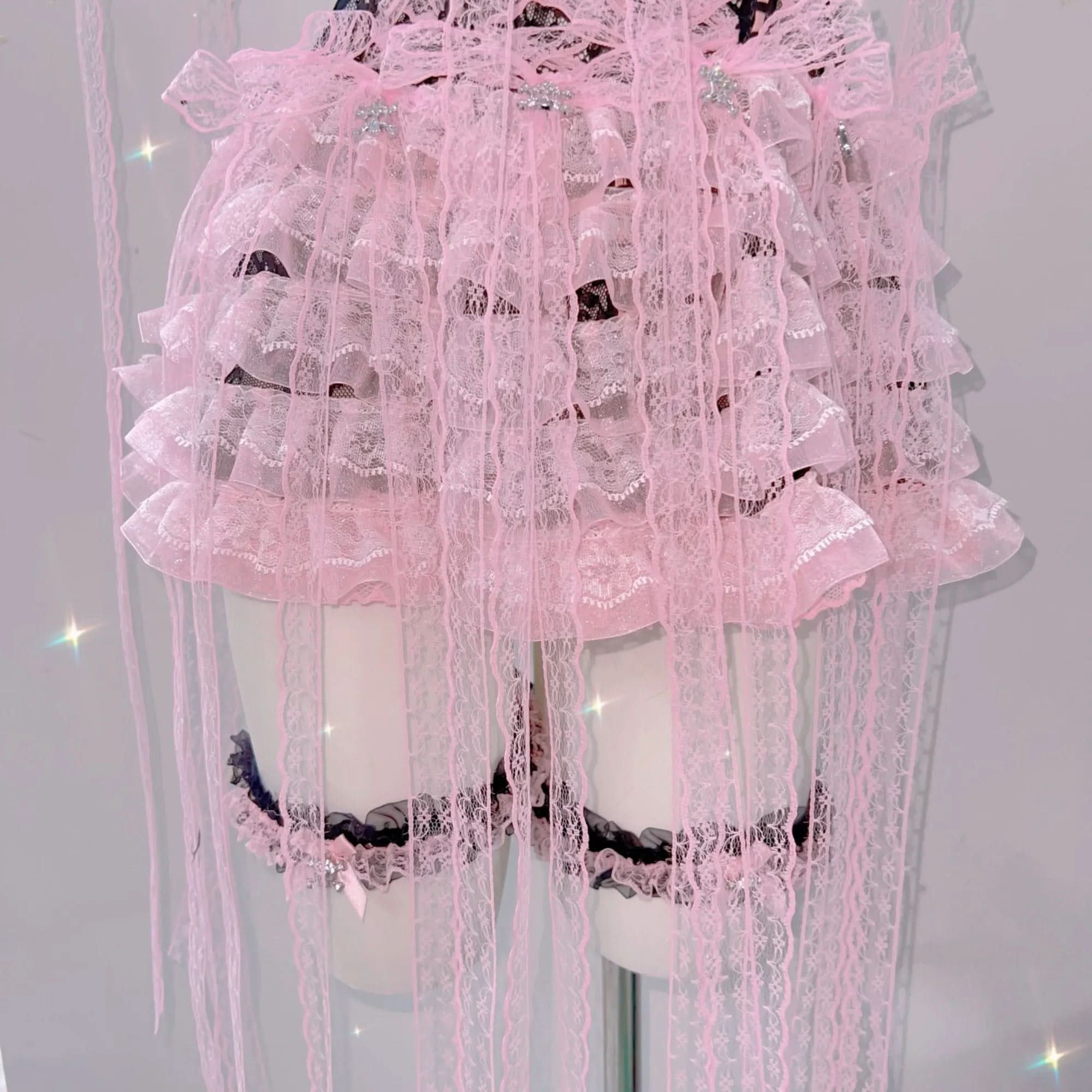 Enchanting Pink & Black Coquette Babydoll Lingerie Set - Lace Ruffle Chemise for Romantic Fall & Halloween Fun