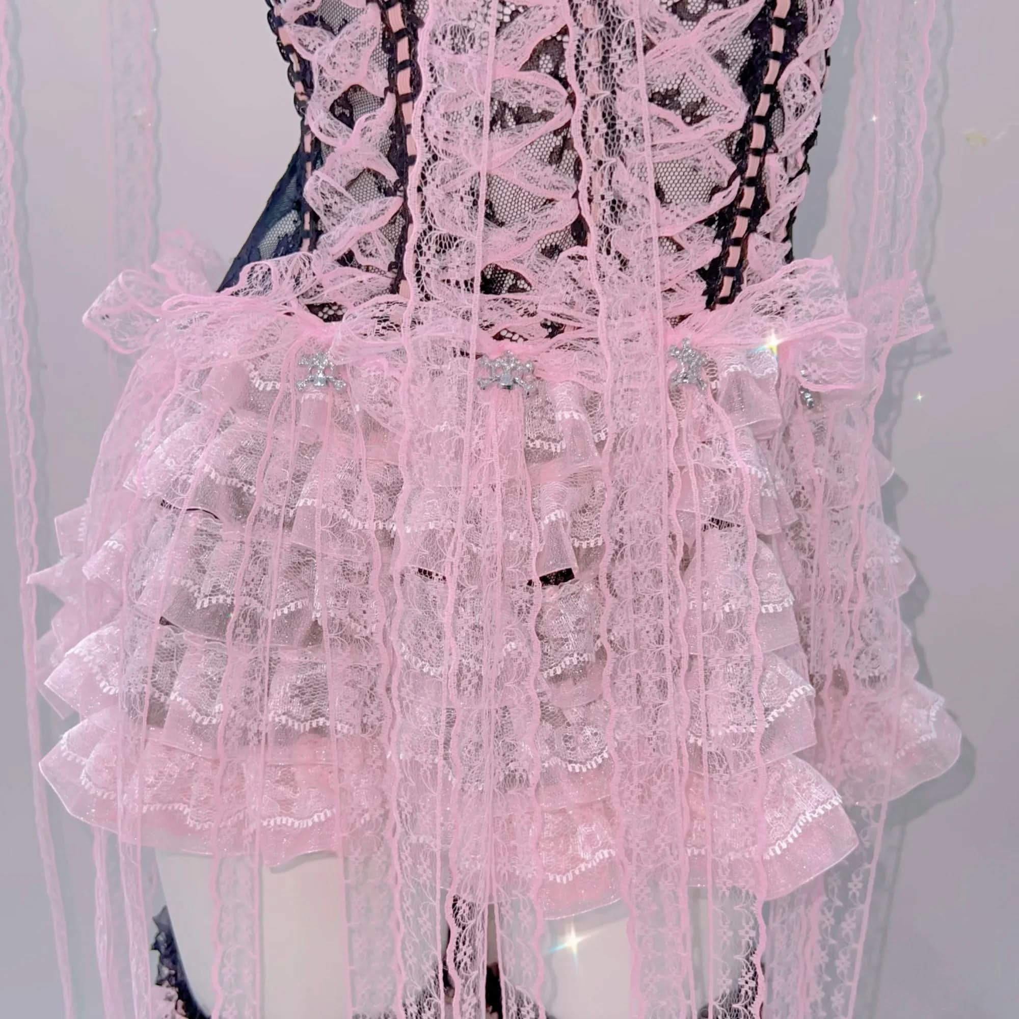 Enchanting Pink & Black Coquette Babydoll Lingerie Set - Lace Ruffle Chemise for Romantic Fall & Halloween Fun