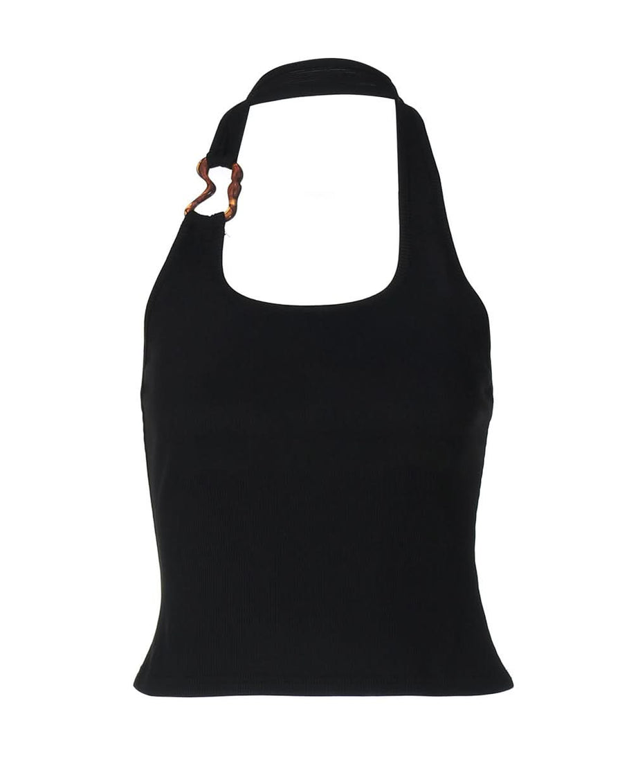 Chic Black Ribbed Halter Top with Sculptural Side Ring | Effortless Fall Style
