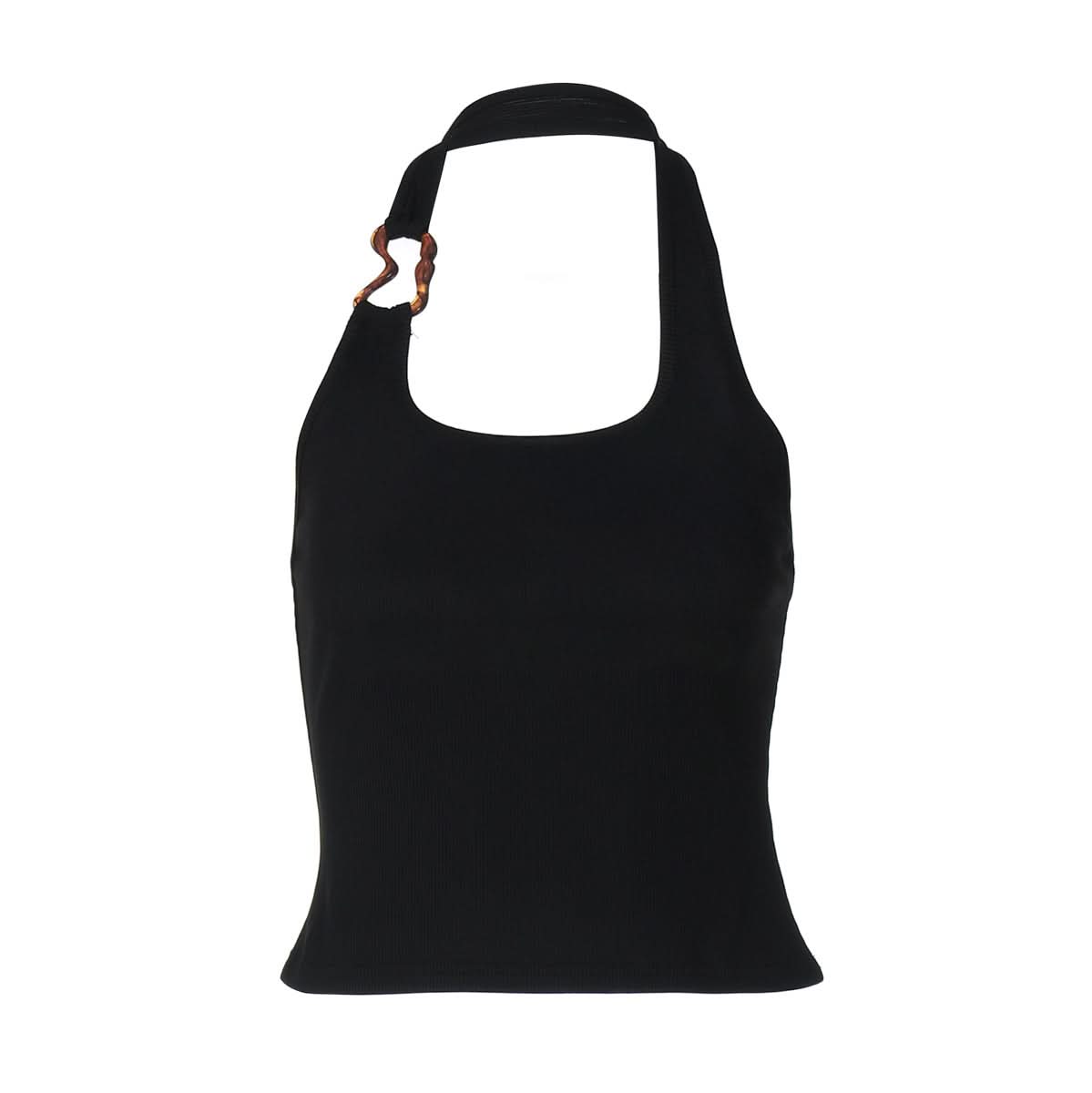Chic Black Ribbed Halter Top with Sculptural Side Ring | Effortless Fall Style