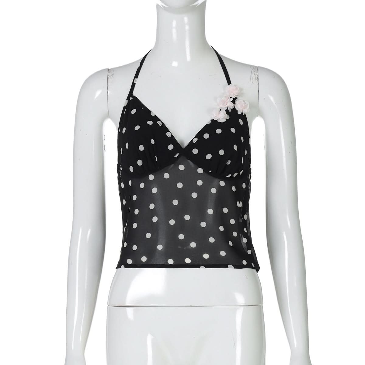 Flirty Polka Dot Halter Top | Sheer Panel, Floral Accents – Your Chic Look for Fall Parties & Warm Getaways