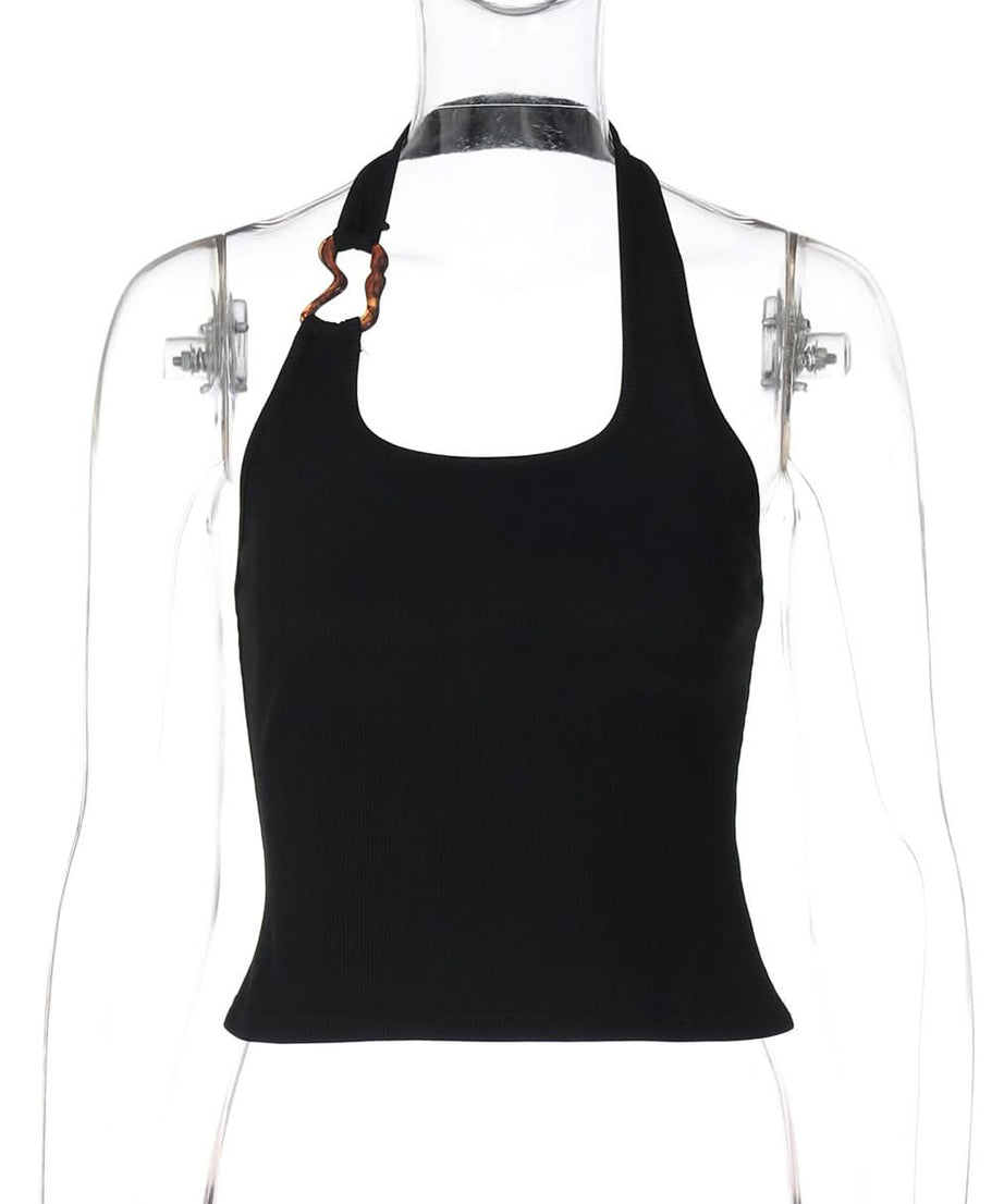 Chic Black Ribbed Halter Top with Sculptural Side Ring | Effortless Fall Style