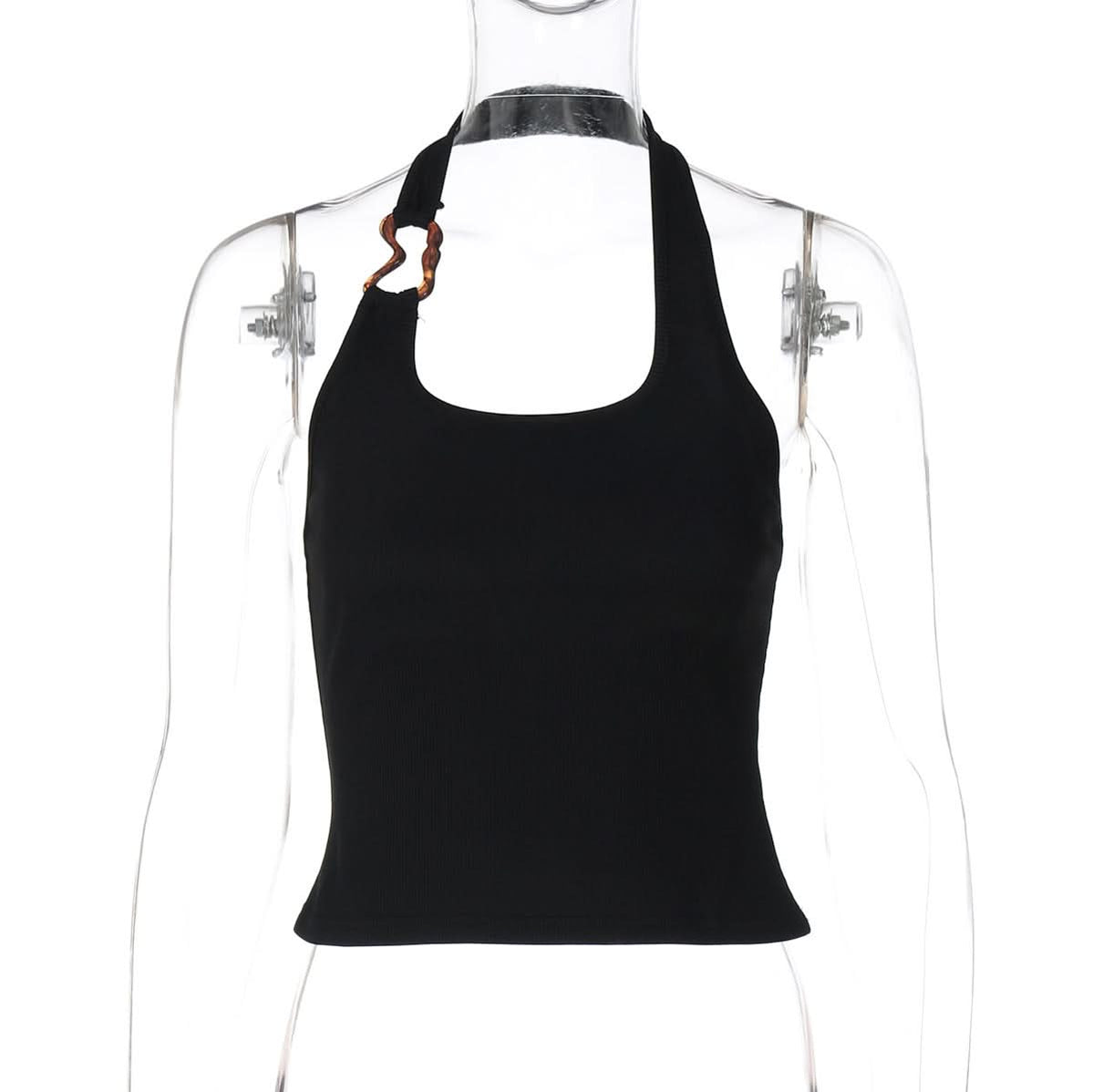 Chic Black Ribbed Halter Top with Sculptural Side Ring | Effortless Fall Style