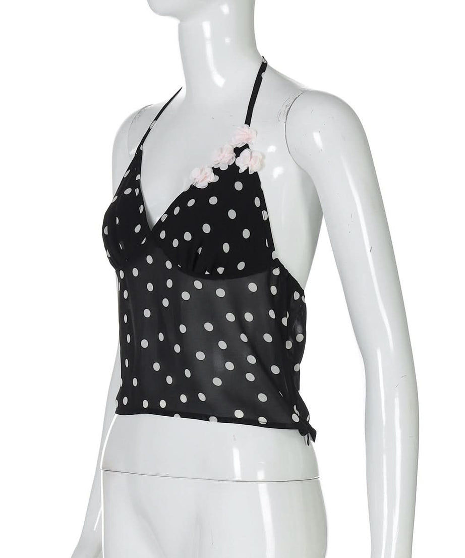 Flirty Polka Dot Halter Top | Sheer Panel, Floral Accents – Your Chic Look for Fall Parties & Warm Getaways
