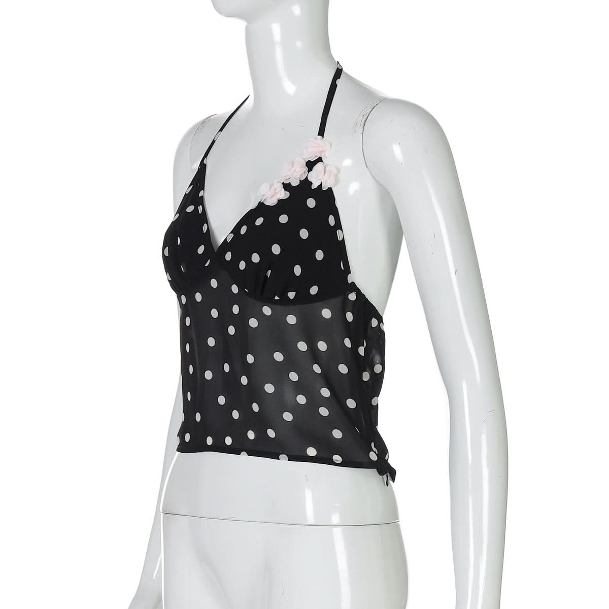 Flirty Polka Dot Halter Top | Sheer Panel, Floral Accents – Your Chic Look for Fall Parties & Warm Getaways