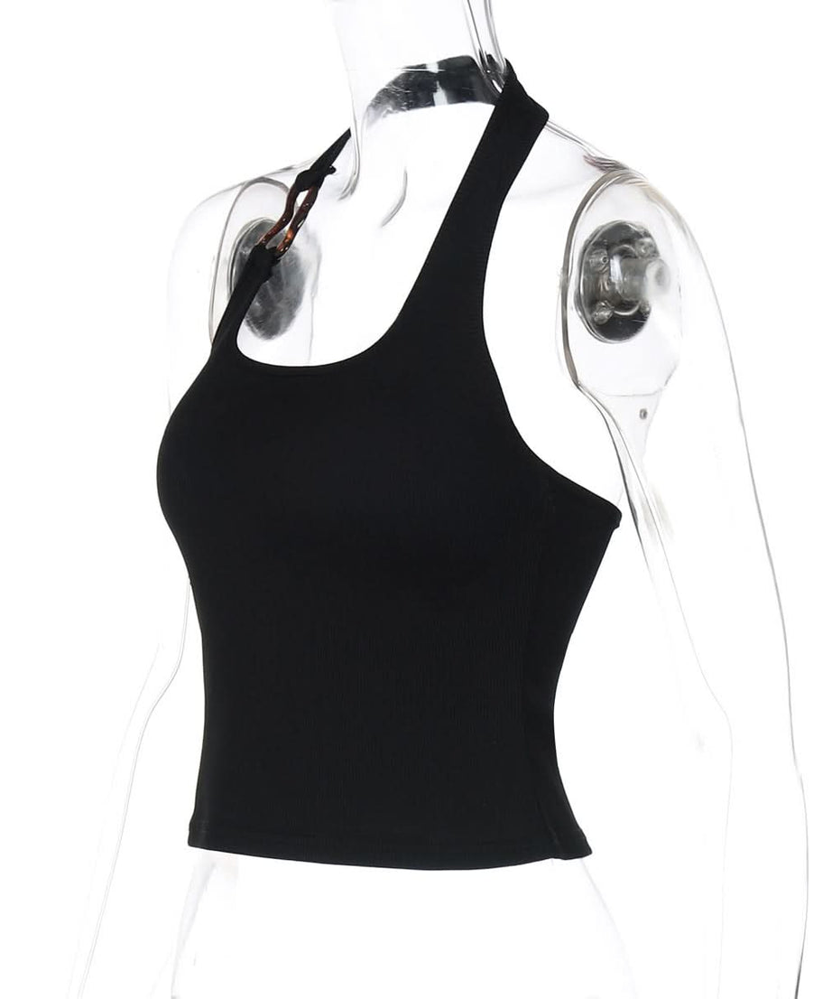 Chic Black Ribbed Halter Top with Sculptural Side Ring | Effortless Fall Style