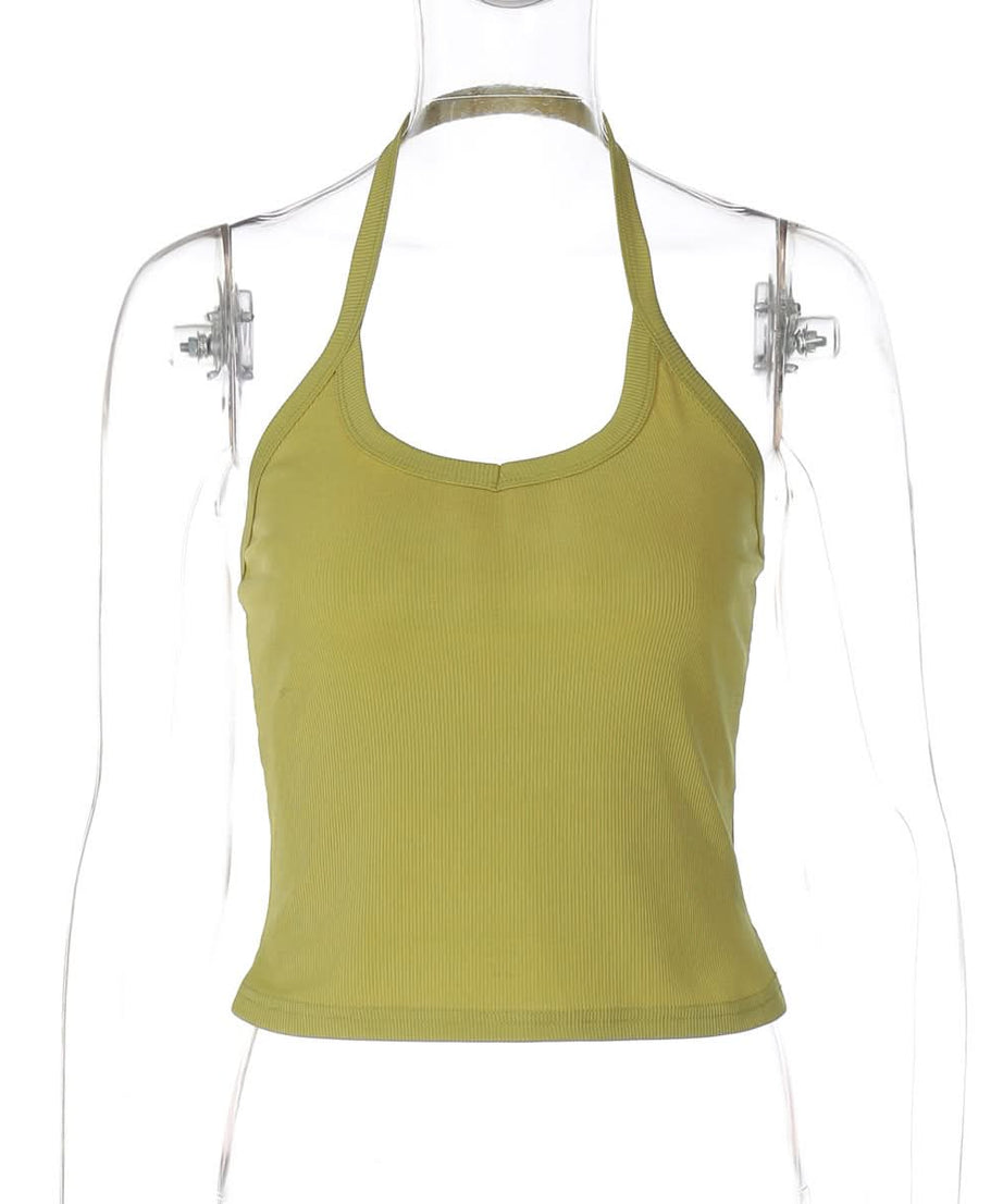 Chic Sage Green Ribbed Halter Top – U-Neck Tank for Effortless Fall Layering & Style