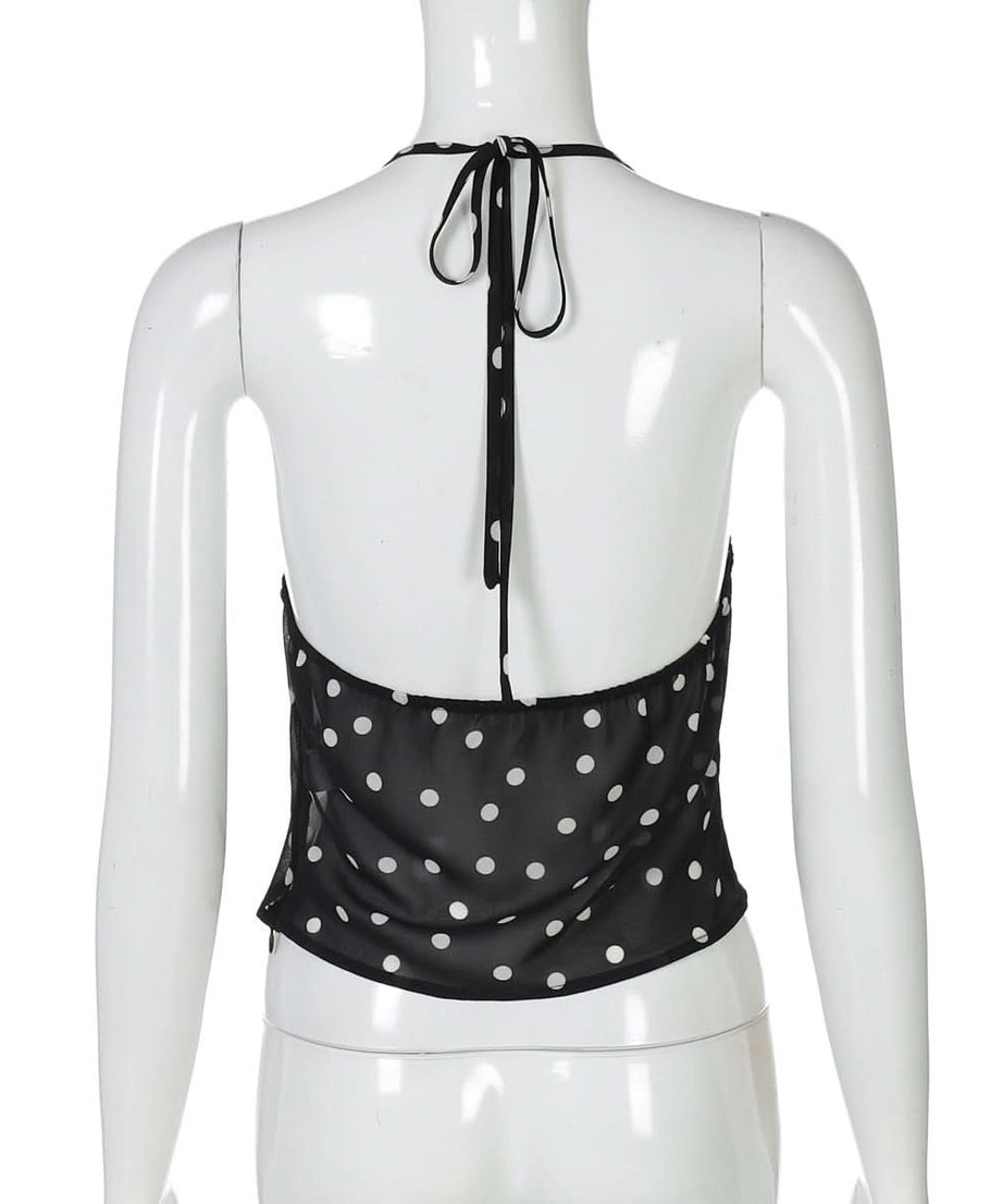 Flirty Polka Dot Halter Top | Sheer Panel, Floral Accents – Your Chic Look for Fall Parties & Warm Getaways