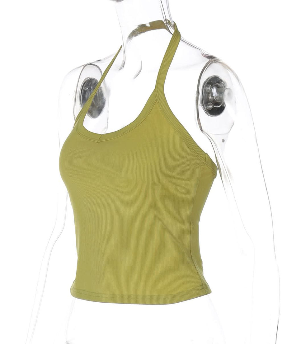 Chic Sage Green Ribbed Halter Top – U-Neck Tank for Effortless Fall Layering & Style