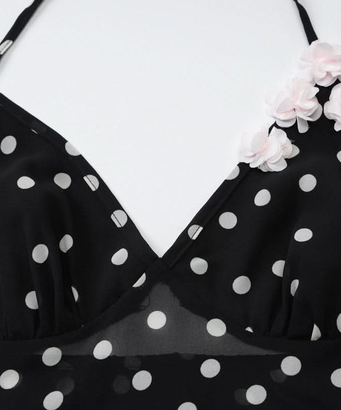 Flirty Polka Dot Halter Top | Sheer Panel, Floral Accents – Your Chic Look for Fall Parties & Warm Getaways