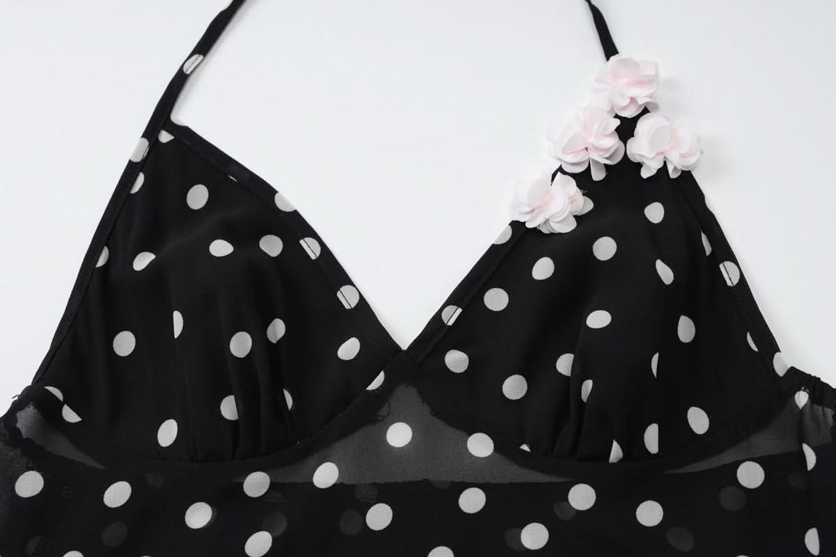Flirty Polka Dot Halter Top | Sheer Panel, Floral Accents – Your Chic Look for Fall Parties & Warm Getaways