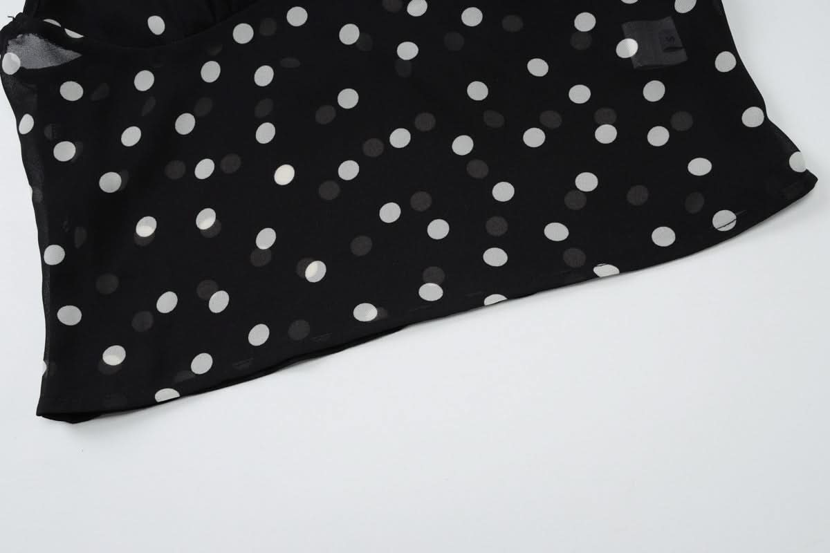 Flirty Polka Dot Halter Top | Sheer Panel, Floral Accents – Your Chic Look for Fall Parties & Warm Getaways