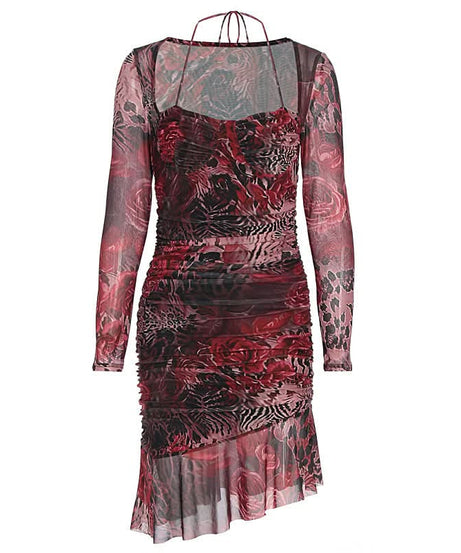 Dark Romance Floral Leopard Mesh Ruched Mini Dress - Fall Party & Date Night Glam