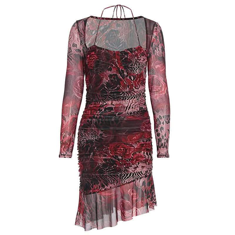Dark Romance Floral Leopard Mesh Ruched Mini Dress - Fall Party & Date Night Glam