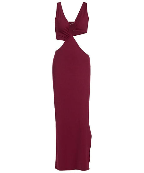 Daring Burgundy Cut-Out Maxi Dress | V-Neck & High Slit for Fall & Holiday Parties