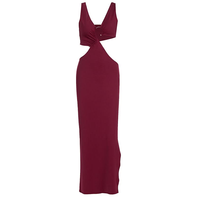 Daring Burgundy Cut-Out Maxi Dress | V-Neck & High Slit for Fall & Holiday Parties