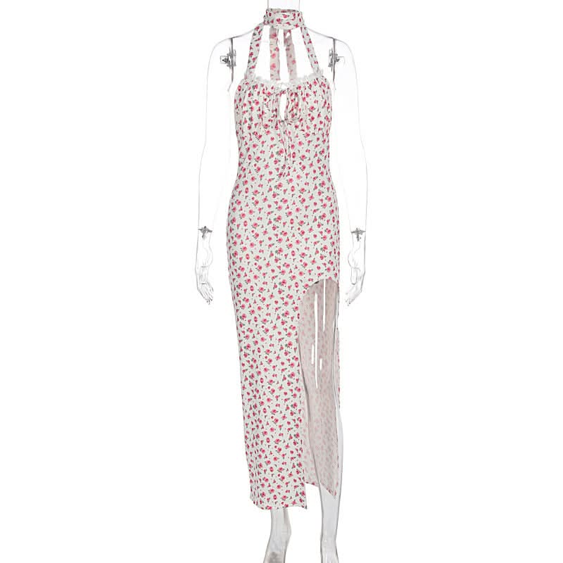 Romantic Ditsy Floral Halter Maxi Dress with High Slit - Your Perfect Vacation & Resort Getaway Essential