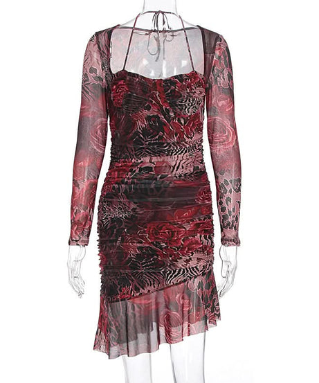 Dark Romance Floral Leopard Mesh Ruched Mini Dress - Fall Party & Date Night Glam