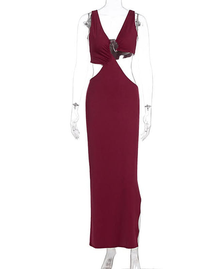 Daring Burgundy Cut-Out Maxi Dress | V-Neck & High Slit for Fall & Holiday Parties