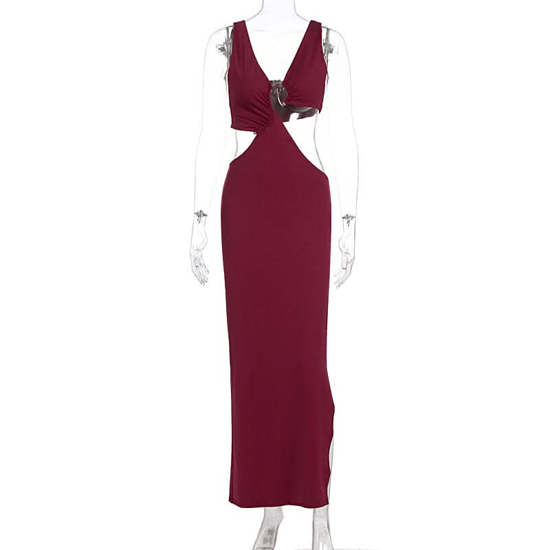 Daring Burgundy Cut-Out Maxi Dress | V-Neck & High Slit for Fall & Holiday Parties