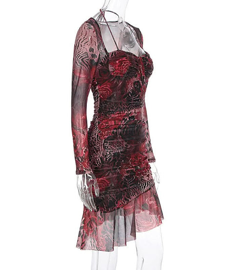 Dark Romance Floral Leopard Mesh Ruched Mini Dress - Fall Party & Date Night Glam